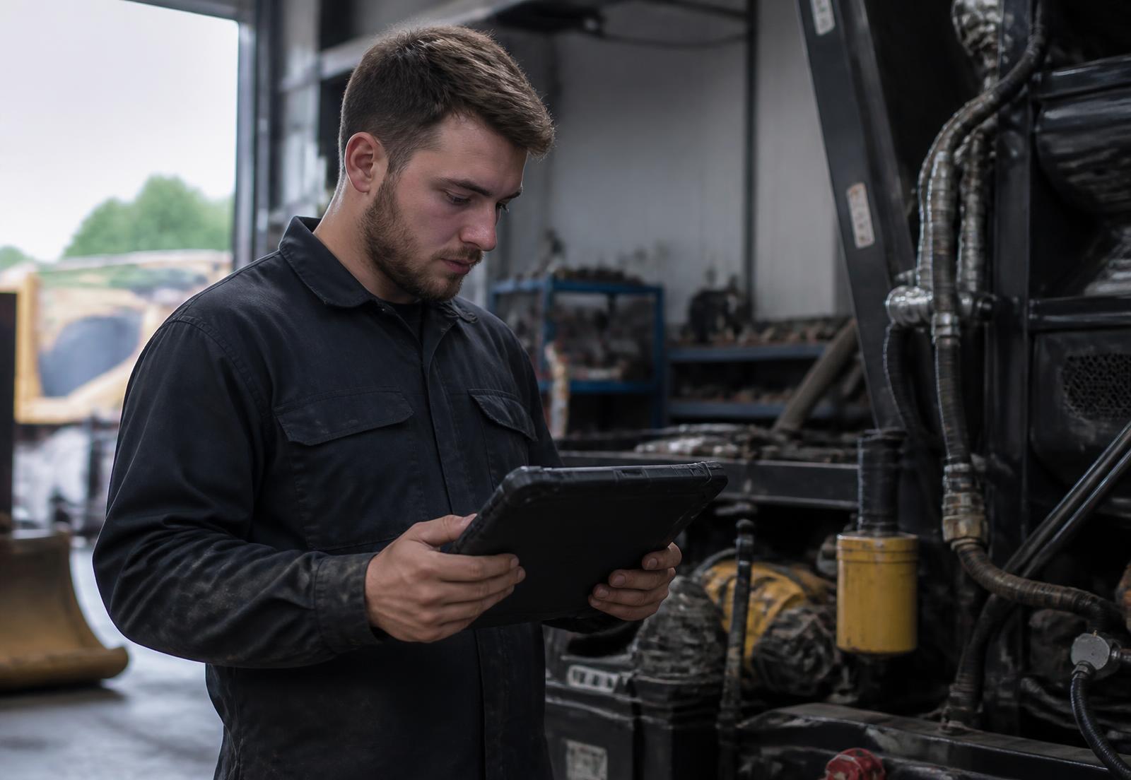 Service technician reading a work order on a rugged tablet in an equipment service bay