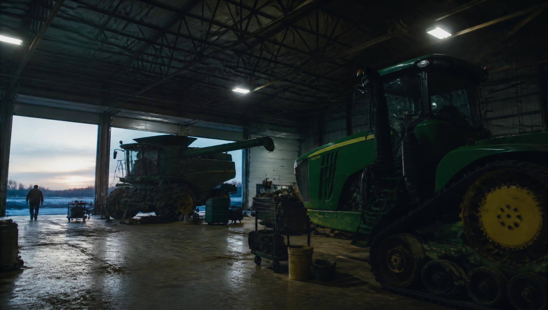 Service bay at an agricultural equipment dealership before sunrise, tractor and combine parked on the shop floor